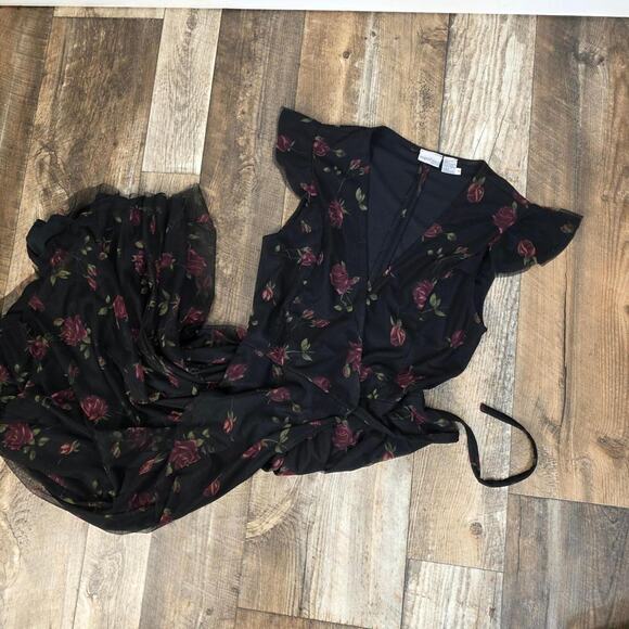 Vintage 90s Rose Mesh Wrap Maxi Dress Whimsigoth Romantic Size 18 Wedding Guest - Picture 2 of 8